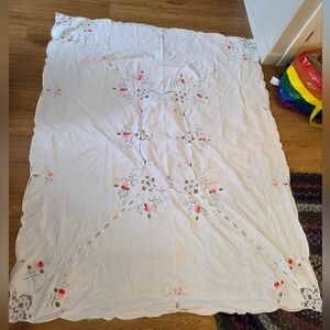 Large Vintage Hand-Embroidered Floral Cross-Stitch Tablecloth with Lace Insets (